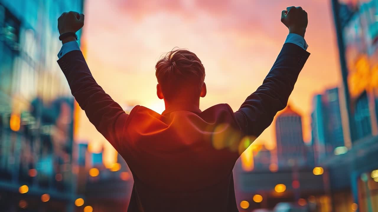 A man celebrating success in the city