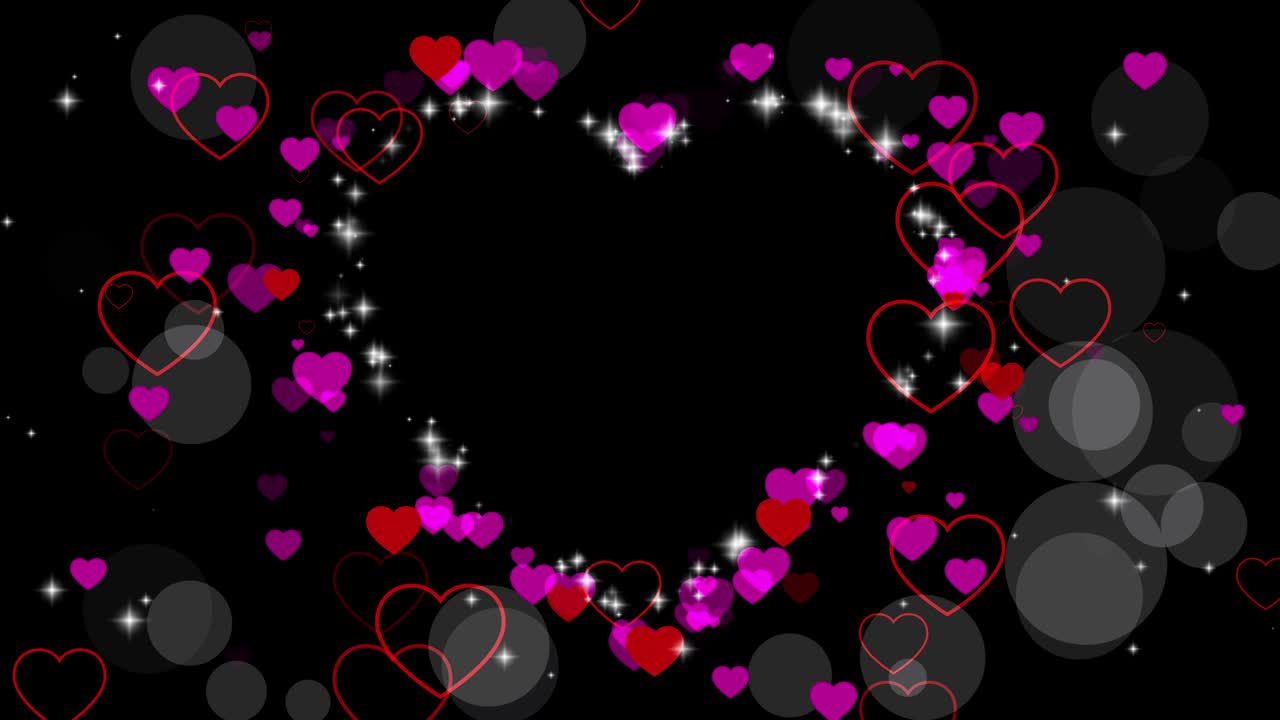 발렌타인 데이의 영상 오버레이를 위한 심장의 애니메이션 프레임, 인사 사랑 프레임의 심장, 발렌타인의 날을 위한 축제 경계 장식, 발렌태인 데이의 보케, 텍스트를 위한 장소, 원활한 루프