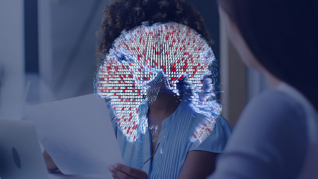 Lead woman reviewing paper adjusting glasses as laptop showing globe passing over eyes in tech meet
