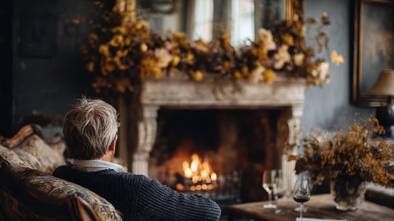 Cozy Evening by the Hearth: A Person Enjoys the Warmth of a Fire While Surrounded by Beautiful Decor and Flowers in an Elegant Living Space