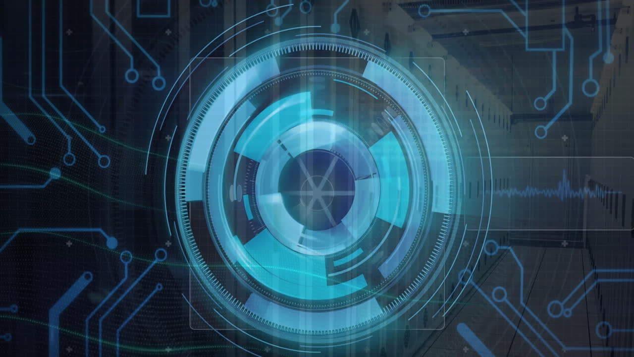 Animation of digital data processing and circuit board over computer servers