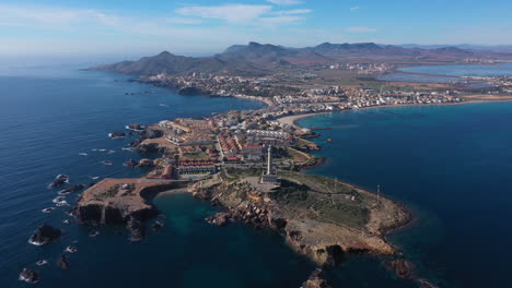 케이프 팔로스 (cape palos) 에스파냐 (spain) 의 해가 비는 날, 무르시아 (murcia) 의 등대 (lighthouse)