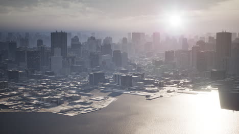 skyline aerial view at sunset with skyscrapers