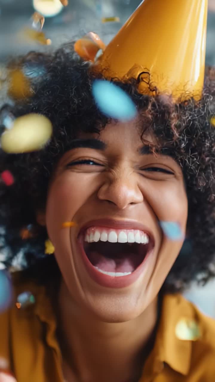 Festosa celebrazione: una donna con un cappello da festa che ride di gusto, circondata da colorati coriandoli, che sottolineano lo spirito di divertimento e allegria
