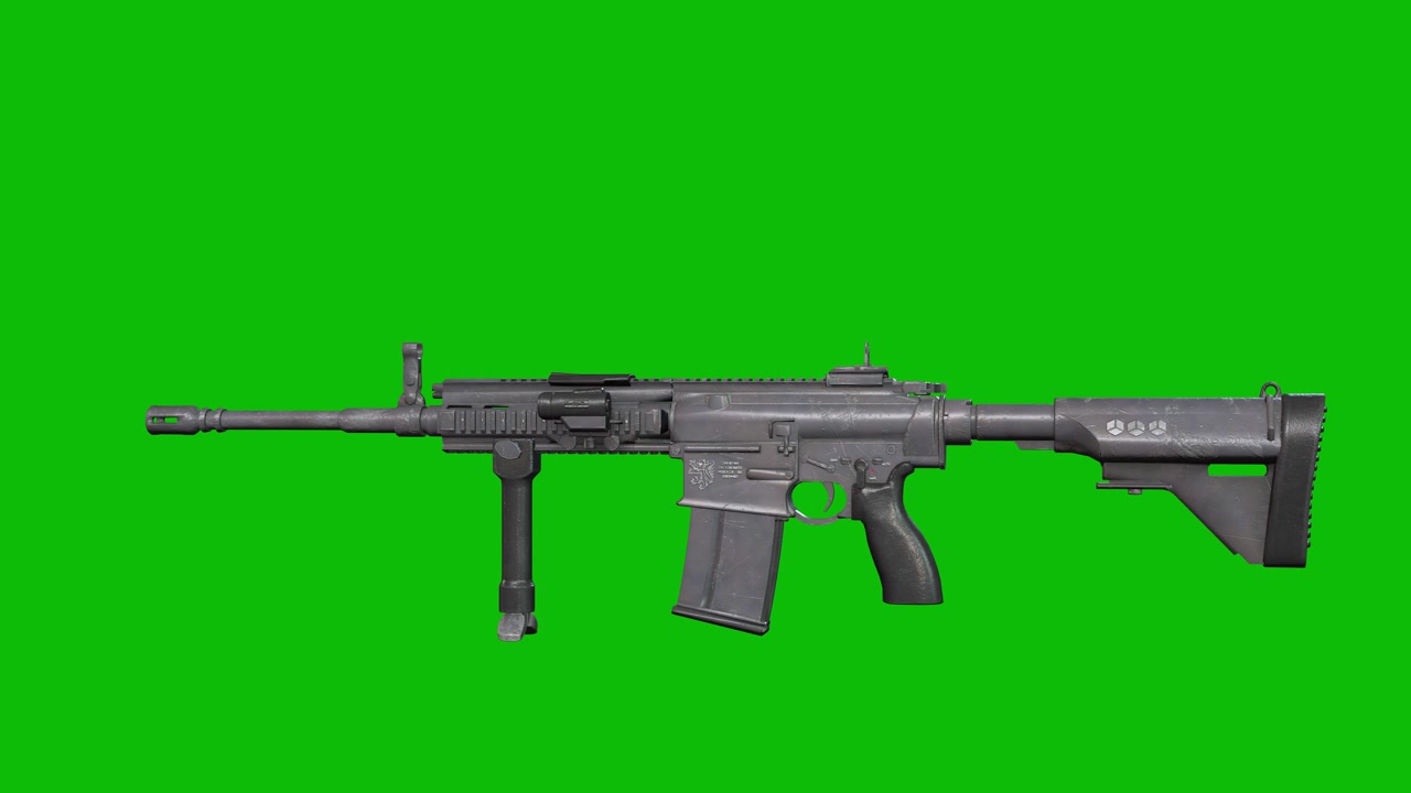 3D model of a modern AT-05 tactical riffle machine gun rotating 360 degrees on green screen 3D animation