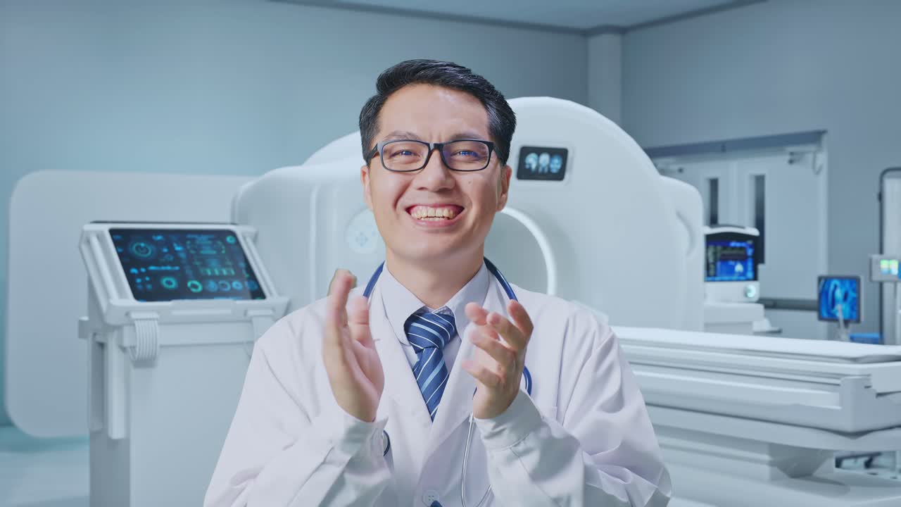 Close Up Of Asian Male Doctor Clapping His Hands With MRI Machine In The Hospital