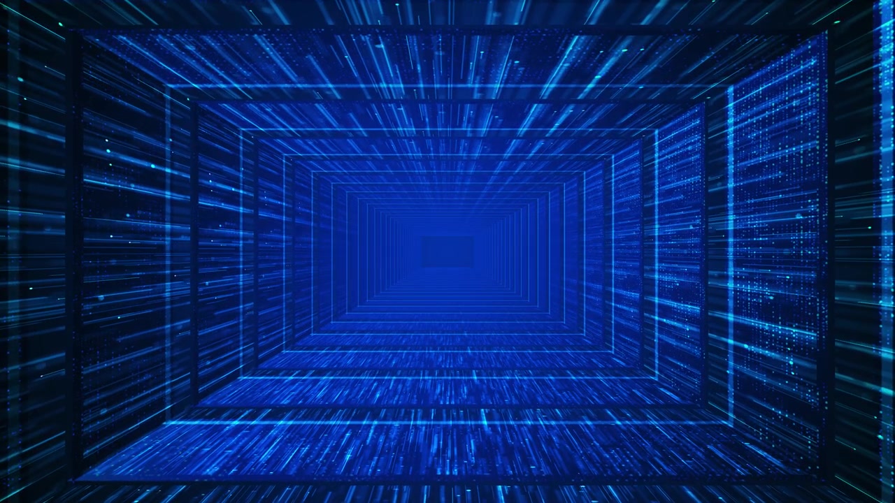 Infinite blue server corridor visual with layered cube frames rushing data lines bright particles