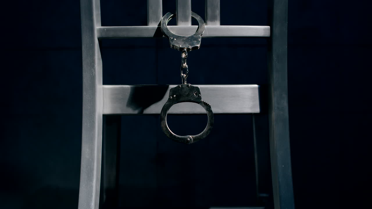Medium tracking shot of a pair of handcuffs hanging from the back of a chair