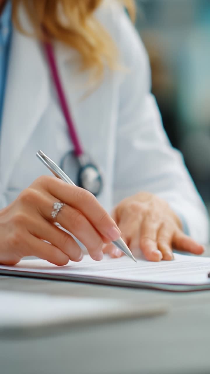 Profissional de saúde envolvido na documentação médica e gestão de prontuários de pacientes, destacando a precisão nas anotações e a atenção aos detalhes do paciente.