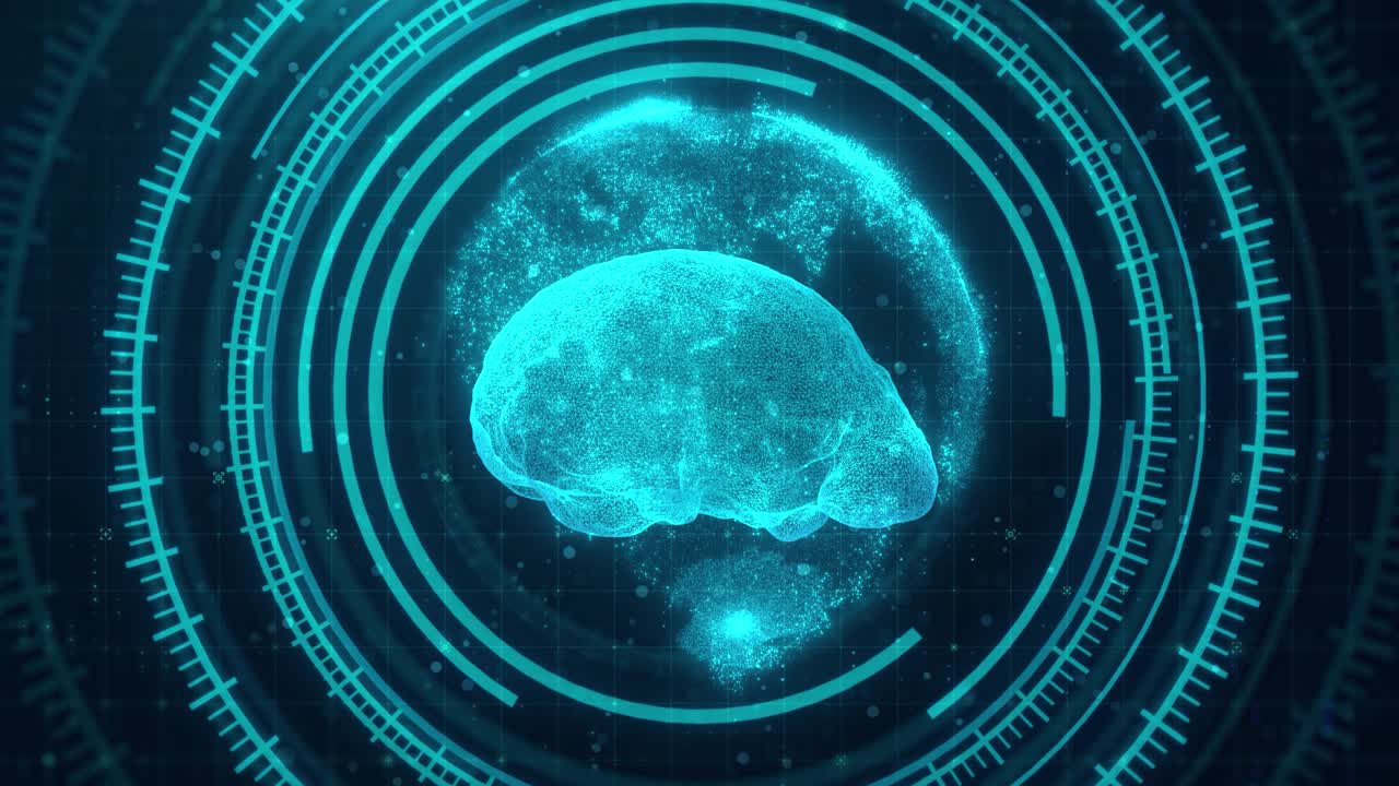 3D Technological Interface: Glowing Dashboard with Artificial Intelligence, Human Brain MRI Scan, and Network Data for Medical Research