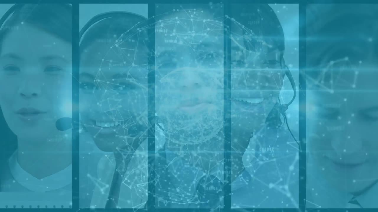 연결망을 통해 헤드 ⁇ 을 착용한 다민족 콜센터 직원 그룹의 애니메이션