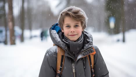 young, happy student smiling while walking through a snowy park during a gentle snowfall in winter, dressed in a warm winter coat and carrying a backpack, enjoying the serene atmosphere