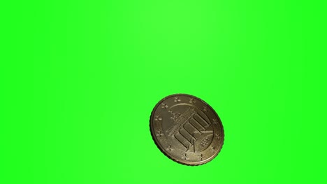 una moneda de 50 centavos de euro volando sobre un fondo cromado.