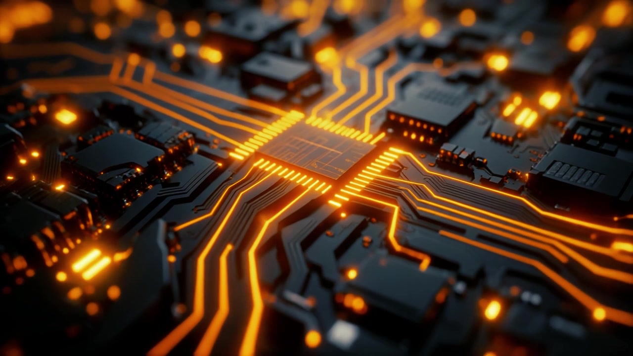 Glødende orange datastrøm på et futuristisk computerprintkort