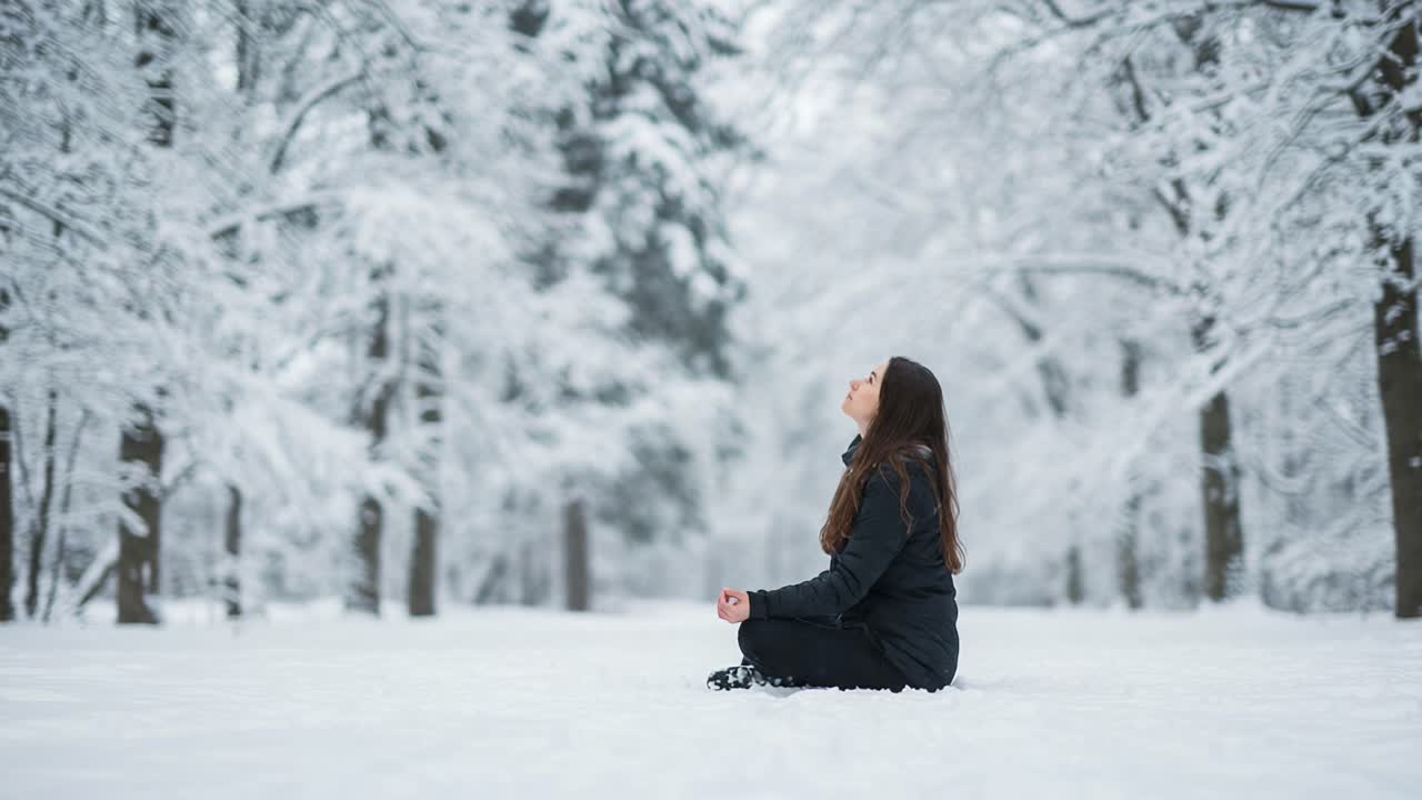 A Peaceful Moment of Meditation in a Snow-Covered Winter Wonderland, Surrounded by Serene Nature and Tranquil Beauty as Snowflakes Gently Fall from the Sky