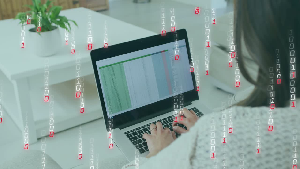 Woman typing on laptop, starting falling binary overlay growing and covering screen for data work