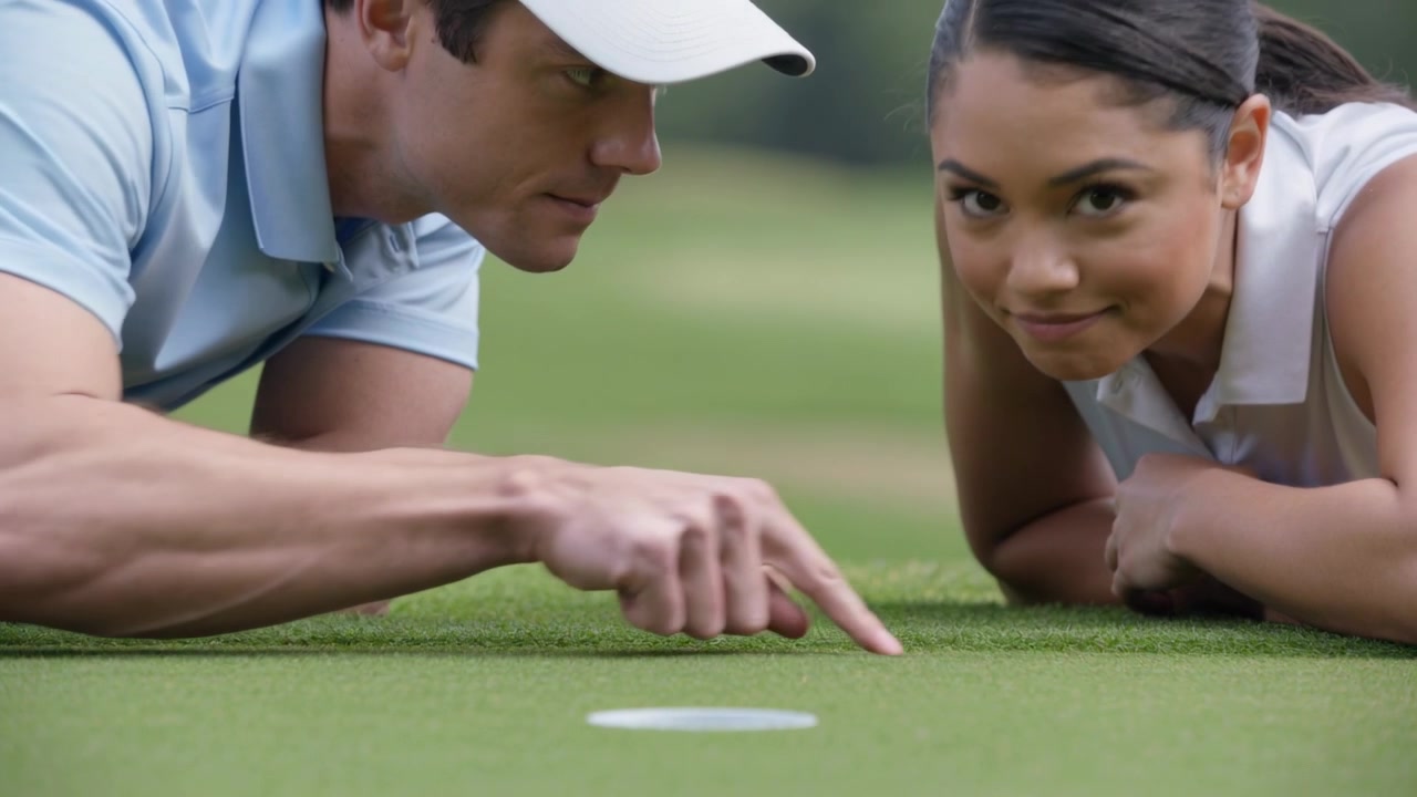 Allenatore e allievo, in polo blu o bianche, chinati a tracciare la linea del putt sul green per leggere la buca, con l'allenatore che indica.