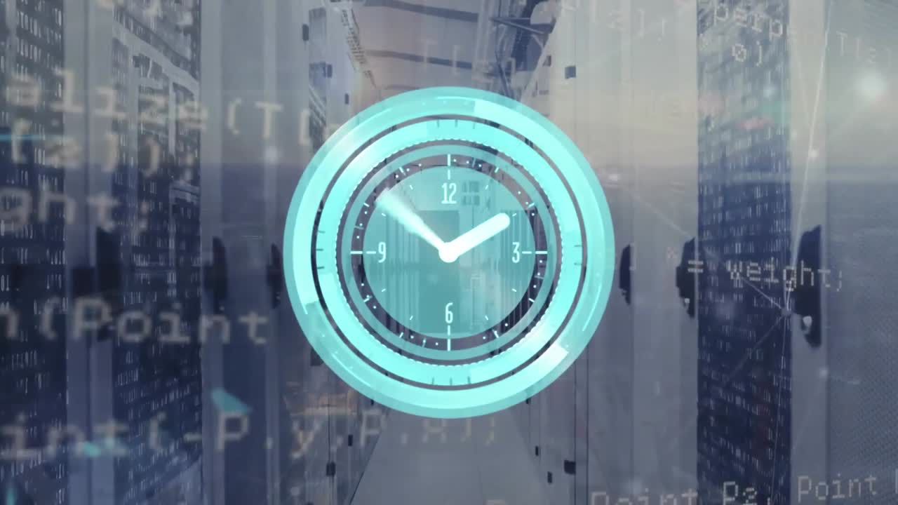 Premium stock video - Animation of neon ticking clock and data ...