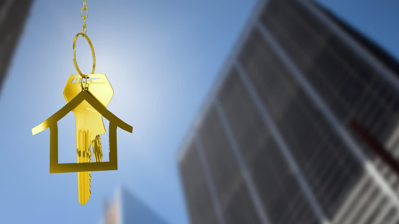 황금 열와 집의 애니메이션은 모호한 현대 건물 위에 있습니다.