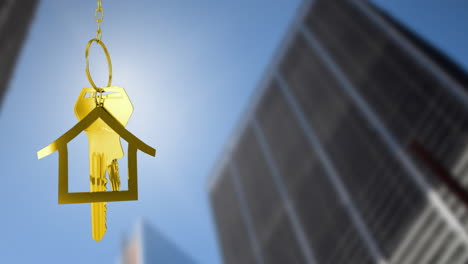 animation of golden key and house over blurred modern building