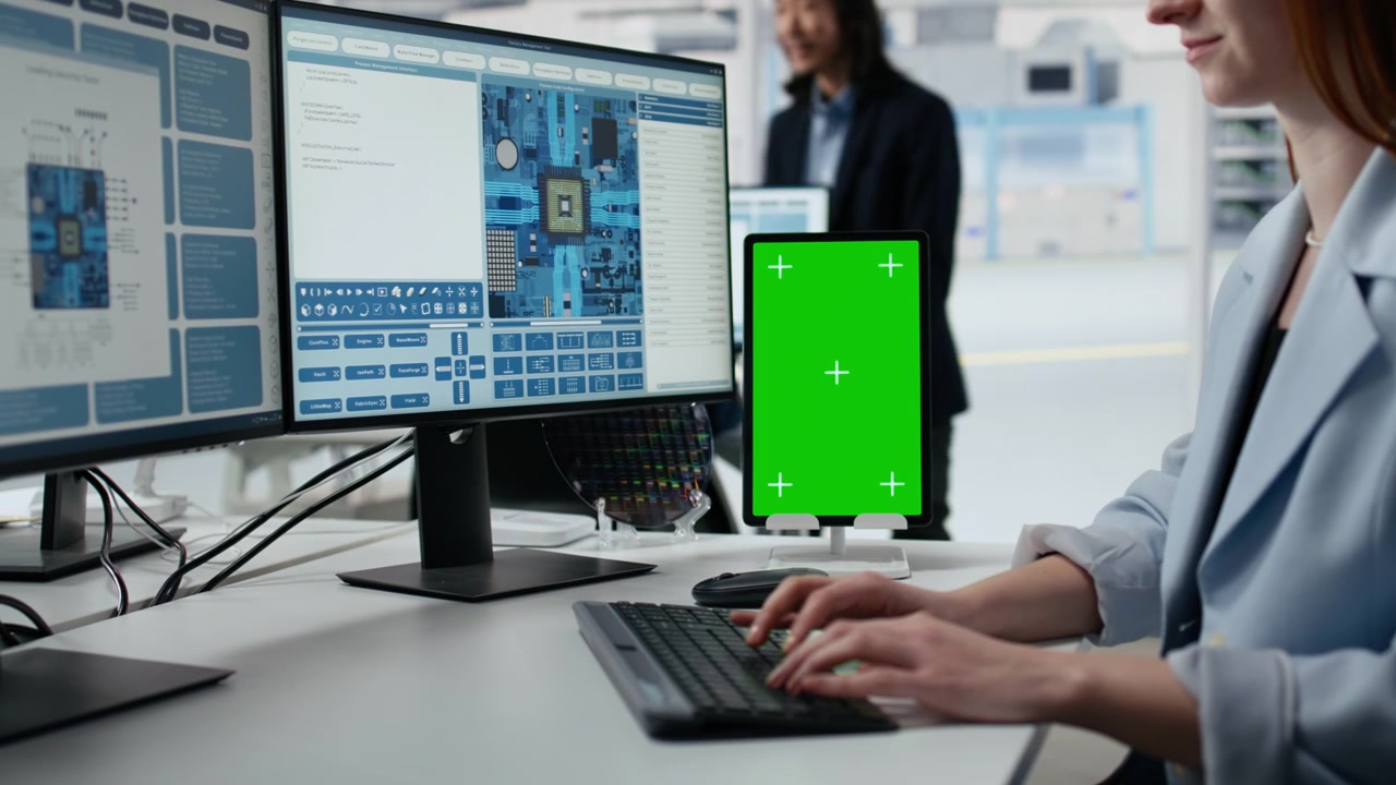 Ingegnera che digita sulla tastiera con un tablet a schermo verde e più monitor