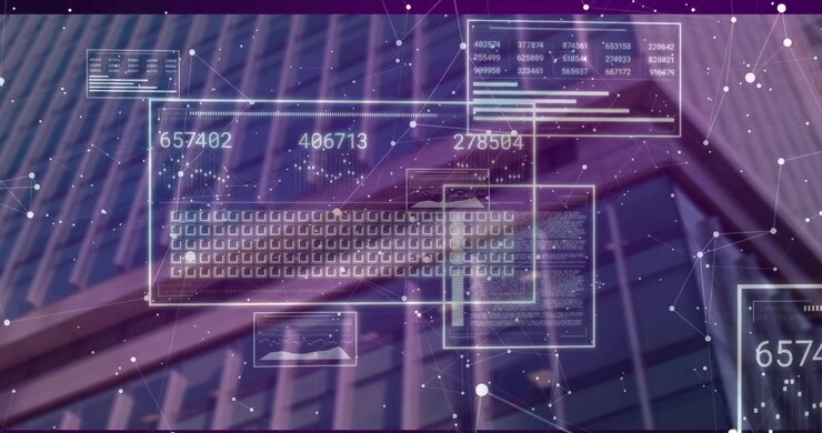 Purple facade loading holographic panels forming keyboard grid animating numeric data for analytics
