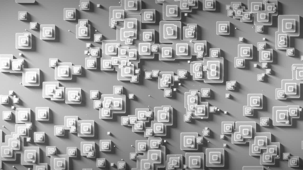 Black and white retro-style top-view animation scene featuring rectangular stacked objects with a white edge and rim, casting shadows on the ground as they overlap randomly while sliding horizontally