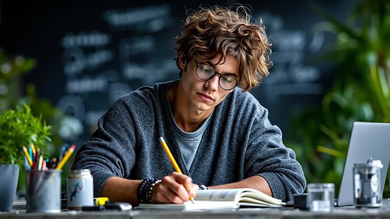 A young man sitting at a desk writing in a notebook