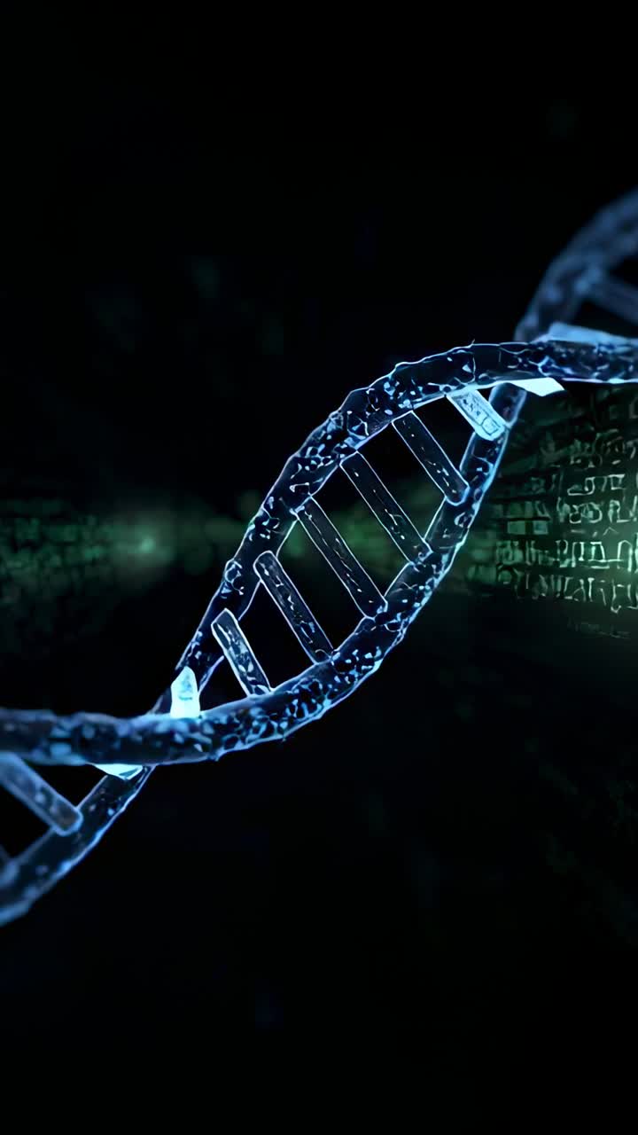 Vertical video: Starting blue DNA helix rotating for data scanning in digital void with green code