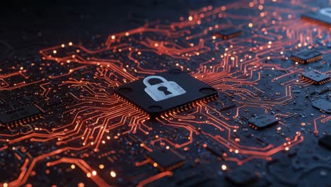 an intricate look at cybersecurity: highlighting a lock symbol on a microchip surrounded by circuitry and glowing connections in digital technology