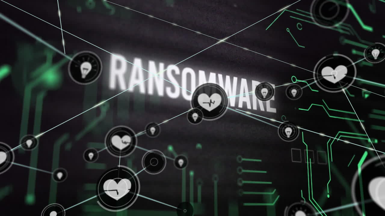 랜섬웨어 텍스트의 애니메이션, 심장 아이콘과 데이터 처리의 연결 네트워크