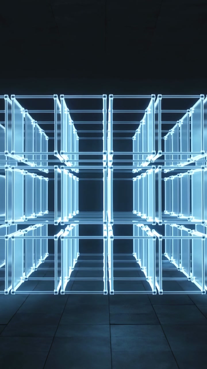 Vertical video: Camera moving closer to neon grid in gallery, revealing bars for design review