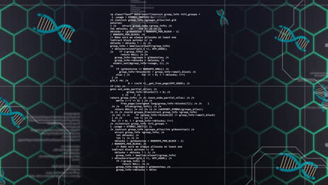 animación de cadenas de adn y procesamiento de datos sobre un fondo negro