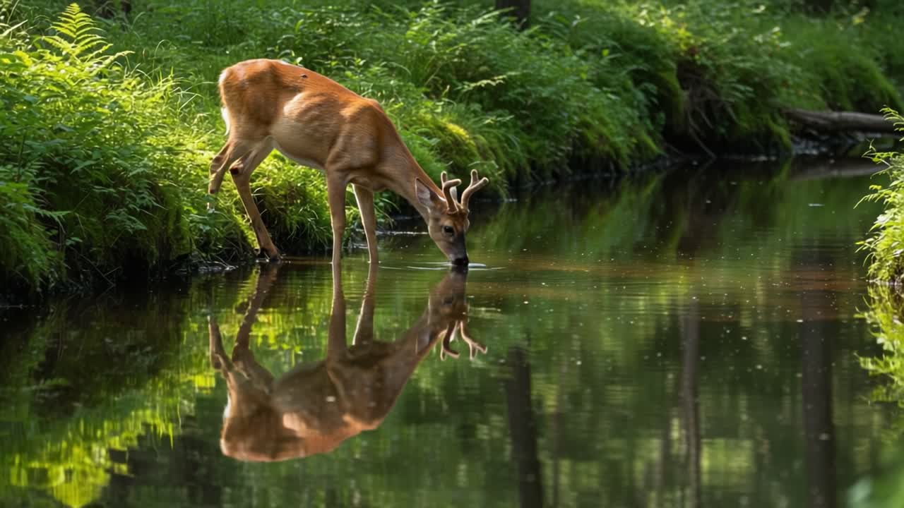 A Majestic Young Deer Grazing by a Serene Stream, Reflecting Nature's Beauty in Still Waters Surrounded by Lush Greenery