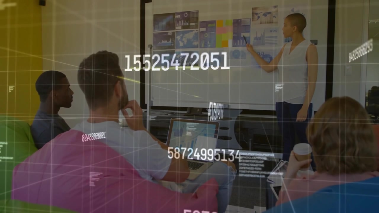 Presenter woman gesturing at display board and initiating data overlays during business briefing
