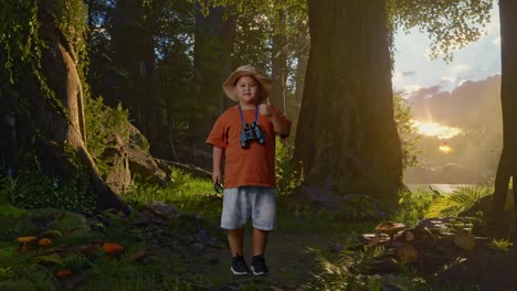 niño asiático con un sombrero y binoculares que muestra lupa y pulgares hacia arriba gesto a la cámara. niño investigador examina algo mientras explora la naturaleza del bosque, aventura de viaje, cuerpo completo