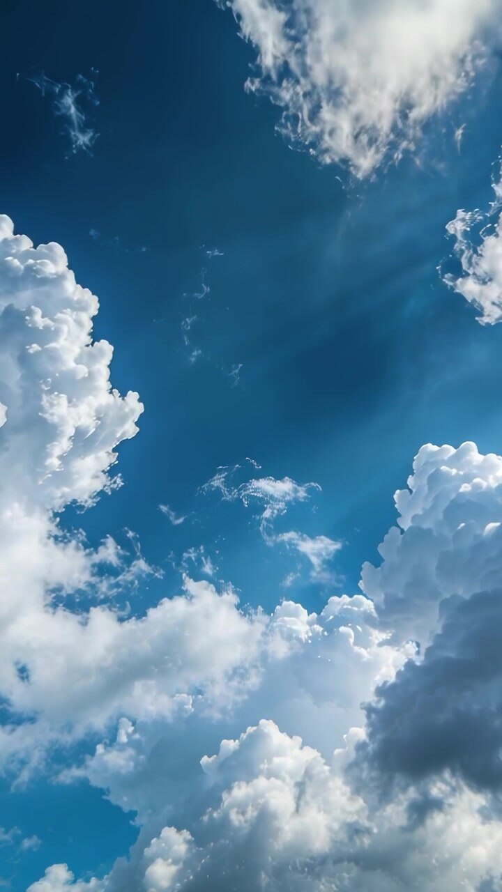 Video vertical: Cúmulos de nubes a la deriva revelando un cielo azul profundo mientras el sol se desplaza, proyectando rayos.