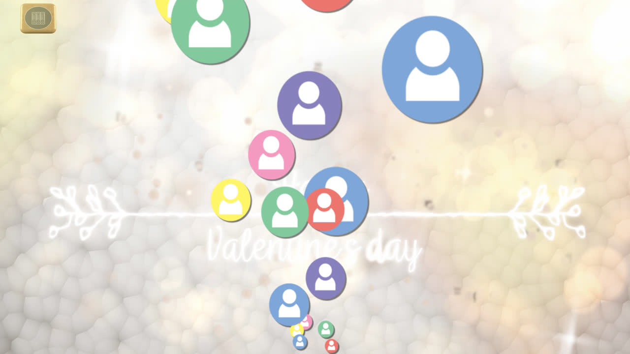 색 배경 위의 행복한 발렌타인 데이 텍스트와 미디어 아이콘의 애니메이션