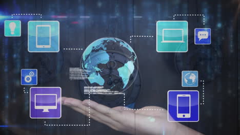 animación del procesamiento de datos, iconos y globo sobre la mano y múltiples relojes moviéndose rápidamente