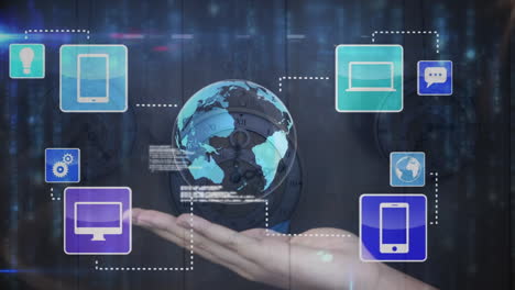 animation of data processing, icons and globe over hand and multiple clocks moving fast