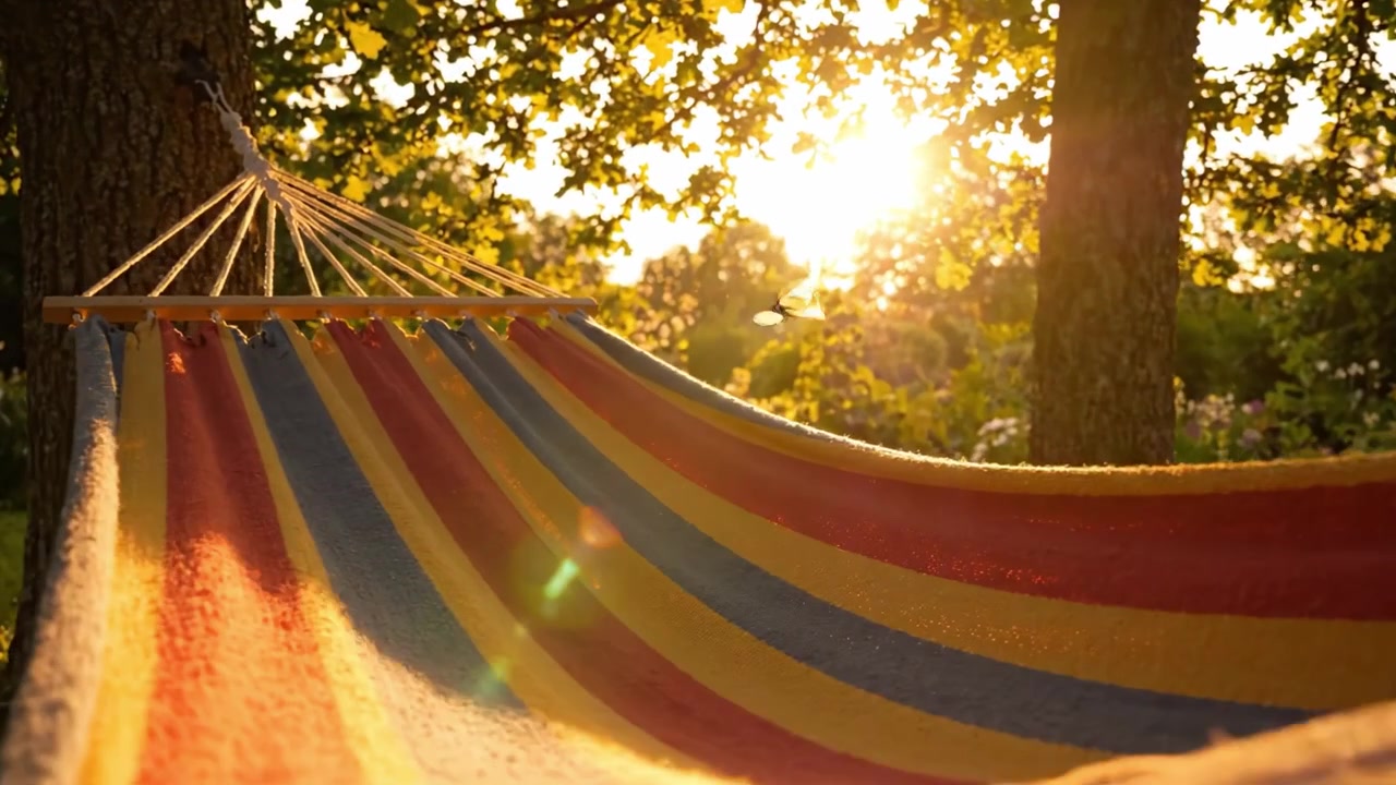 Um Pôr do Sol Sereno Sobre um Jardim Vibrante Apresentando uma Rede Colorida Aninhada Entre Árvores, Perfeito para Relaxamento e Apreciação da Beleza da Natureza
