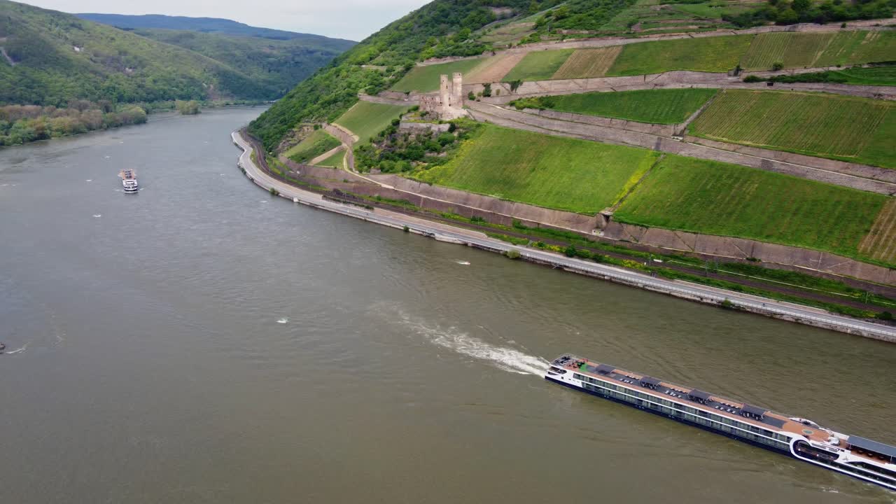 Panoramic View of the Rhine River Valley with Vineyards, Castle Ruins, and Cruise Ships