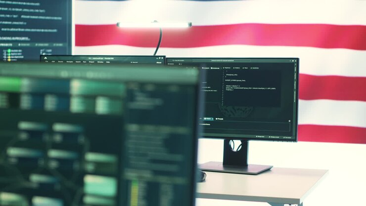 Governmental security operations center with an USA flag