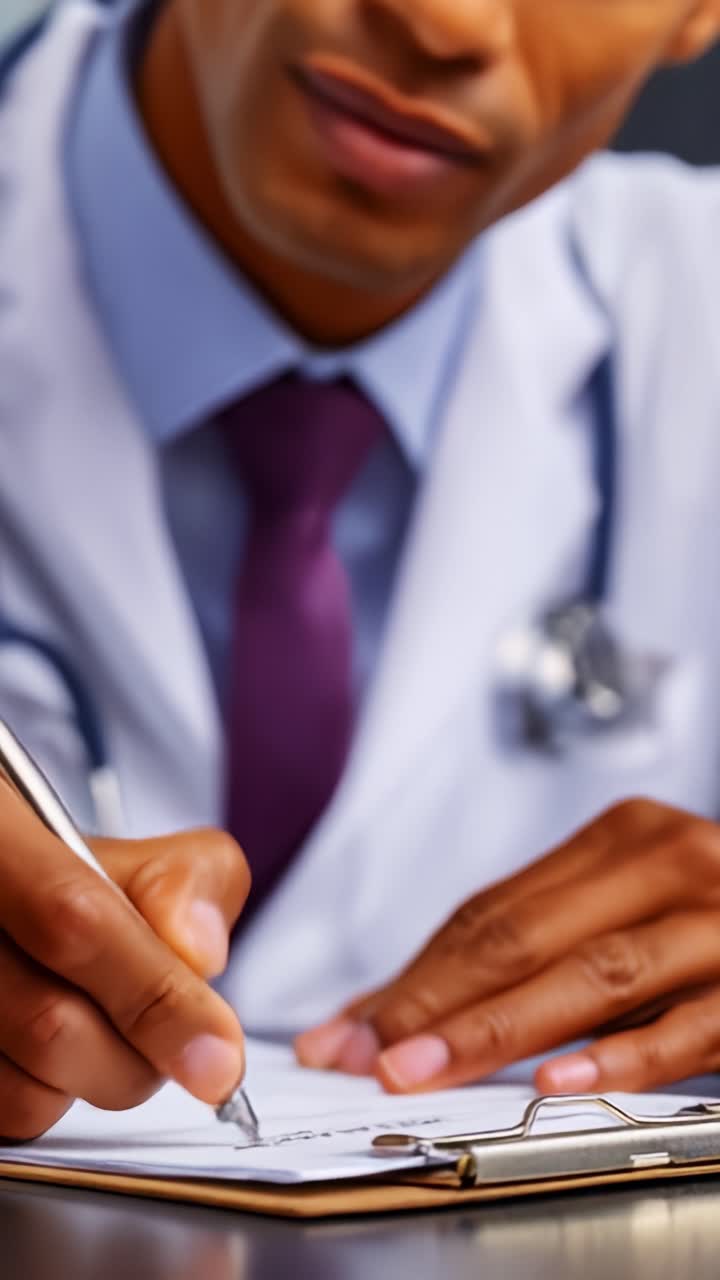 Medico professionista che documenta diligentemente le informazioni del paziente su una clipboard, mostrando attenzione ai dettagli in un ambiente clinico