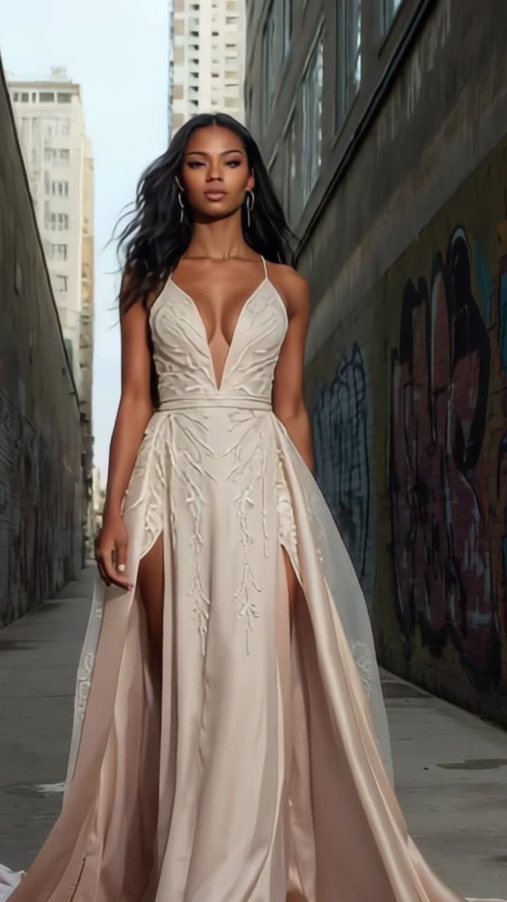 Vertical video: Tilting camera capturing model walking through graffiti alley, showing gown detail