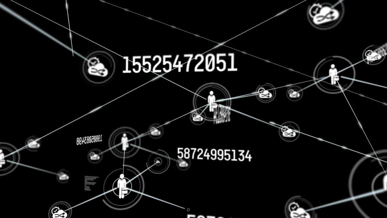 animación del procesamiento de datos científicos a través de una red de conexiones e iconos digitales