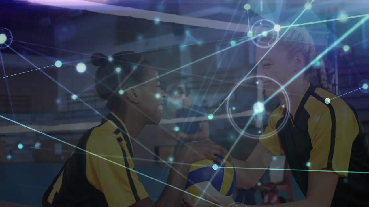 Network connections and data processing animation over volleyball players in gym
