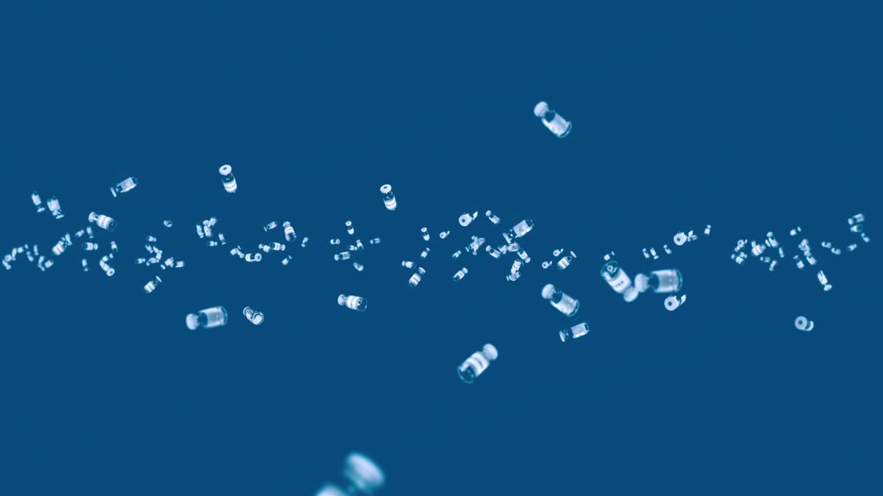 파란색 배경에 많은 백신 병을 날려. 의학 개념. 바이러스 치료. 투명한 액체. 백신의 3d 루프 애니메이션.