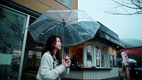 Woman with Umbrella in Front of Coffee Shop on a Rainy Day