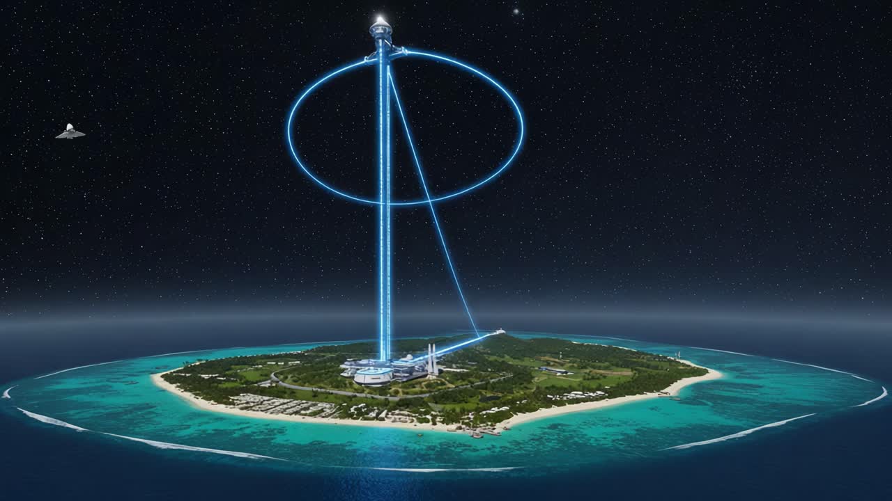 A Spectacular View of a Futuristic Island Resort Highlighted by Radiant Light Trails, Capturing the Harmony Between Nature and Advanced Technology